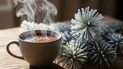 A steaming mug of hot chocolate with sprinkles sits on a wooden surface next to frosted evergreen branches, evoking a cozy winter atmosphere.