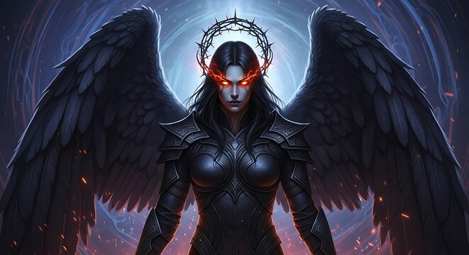 Dark angel with glowing red eyes and black wings stands heroically. - Powered by Adobe