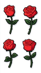 Four Red Rose Stem Sticker Icons 2x2 Grid Bold Outline Vector