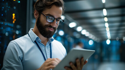Faceless IT technician in server room with network equipment data center stock photo cloud computing marketing managed IT services cybersecurity solutions infrastructure