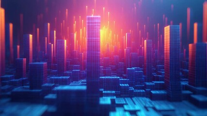 Digital cityscape of glowing grid like towers and neon pathways with upward flowing binary streams, symbolizing high tech innovation, global networks and smart urban connectivity - Powered by Adobe