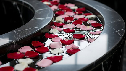A serene bath filled with rose petals