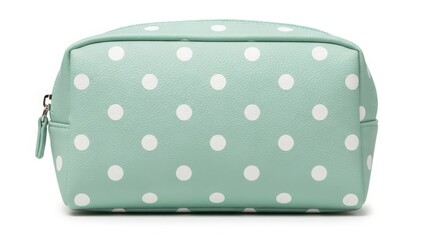 Mint polka dot cosmetic bag with rounded shape and zipper isolated