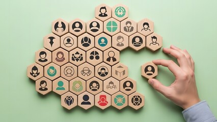 Business networking and collaboration concept with hexagonal wooden icons representing teamwork, communication and corporate connections