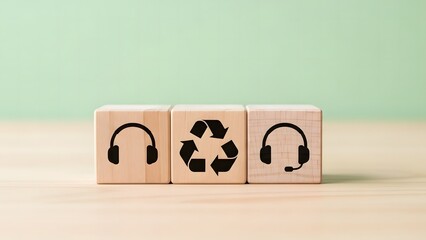 Customer support and sustainability concept with wooden blocks icons showing headset and recycle symbols for eco friendly service