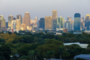 Modern office building and condominium with green tree Lumphini park sunset sky