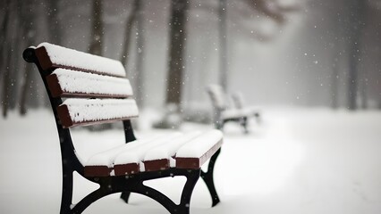 A serene park bench covered in a fresh blanket of snow during a quiet winter snowfall, with blurred trees in the background.