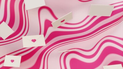 Horizontal 3d abstract Valentine romantic envelope letter message hearts falling loop animation retro groovy waves swirl confession couple relationship passion affection crush pink glow background