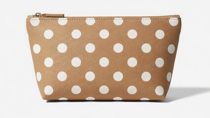 Brown polka dot cosmetic bag with neutral tone fabric isolated