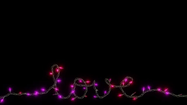 Horizontal 3D abstract Valentine romantic love fairy lights garland frame border loop animation letter script neon LED pink magenta night background copyspace greeting postcard banner template holiday