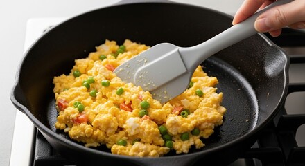 Cooking Fried Rice in a Pan with Kitchen Utensil.