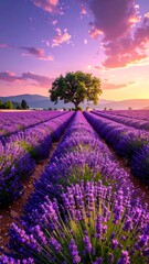 Fototapeta premium Lavender Field at Sunset - A Serene Landscape of Purple Blooms.