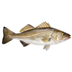 Freshly caught, speckled grey and silver Atlantic cod fish with delicate scales and translucent fins, lies horizontally on a white surface, illuminated by soft,, isolated on transparent background.