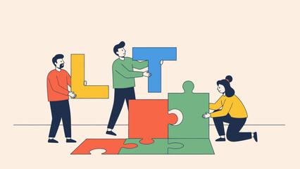 Diverse Team of People Collaborating to Assemble Large Puzzle Letters "LET" in Bright Studio