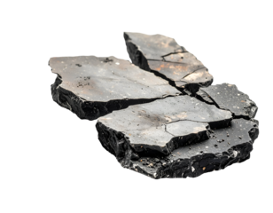 Cracked slate stone rock pieces and broken slab fragments pile with rough natural mineral surface texture on isolated background