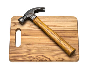 Carpenter hammer placed on wooden cutting board DIY repair tool flat lay on isolated background
