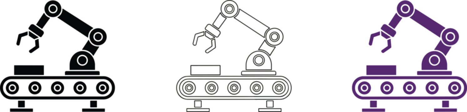Industrial robotic arm on conveyor belt icons for factory automation manufacturing assembly line smart industry and technological production,
