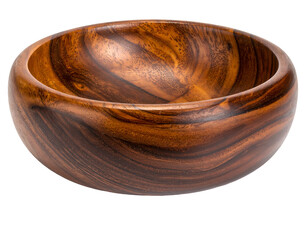 Empty round wooden bowl with rich natural wood grain texture and smooth finish cut out on isolated background