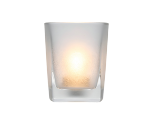 Frosted glass candle holder with warm glowing flame inside minimal decor ambience close up on isolated background