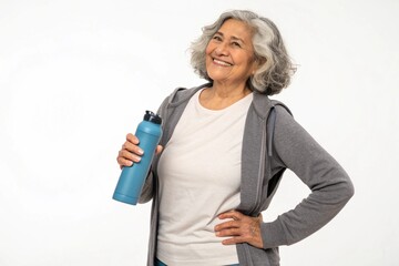 Smiling senior woman with gray hair holding a blue water bottle isolated on white background