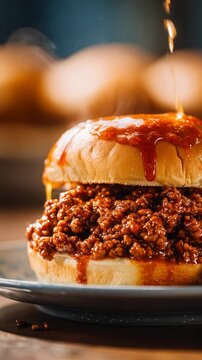 Hearty sloppy joe sandwich with savory ground beef meat sauce pouring over soft bun. perfect classic American comfort food for delicious dinner or lunch meal