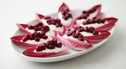 Elegant Chicory Bites with Creamy Filling and Pomegranate Seeds.