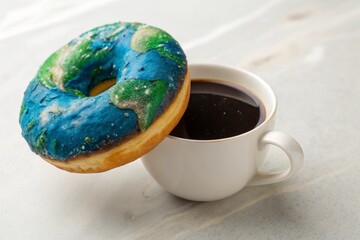 A donut decorated to look like the earth sits next to a cup of coffee on a textured surface, symbolizing global coffee consumption or a morning treat