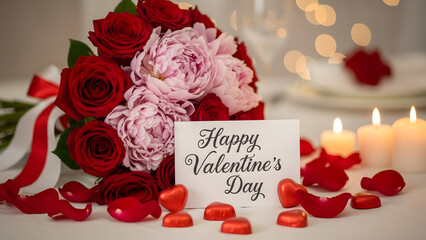 Valentine's Day Bouquet of red roses and pink peonies with happy valentine s day card and heart shaped chocolates 2026