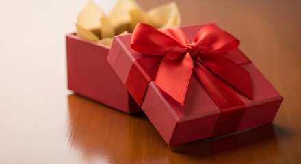 Open red gift box with golden tissue paper and ribbon bow.