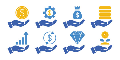 Set of hand icons with concepts of wealth, finance, growth, infographics and others related to economy. Vector illustration