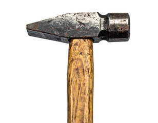 Old metal hammer with wooden handle showing worn scratches and patina cut out on isolated background