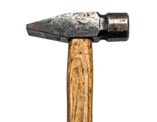 Old metal hammer with wooden handle showing worn scratches and patina cut out on isolated background