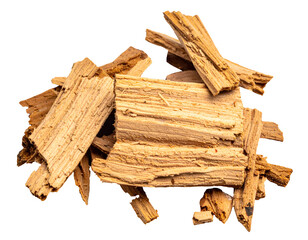 Pile of dry wood chips bark pieces and kindling fragments with rustic timber texture close up on isolated background