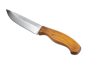 Sharp stainless steel kitchen utility knife with curved blade and wooden handle cut out on isolated background