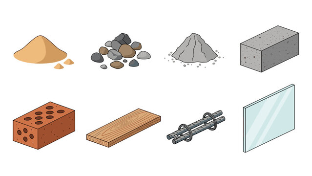 A vector graphic illustration of various construction materials and tools on a white background
