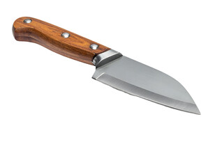 Stainless steel chef knife with broad blade and three rivet wooden handle cut out on isolated background
