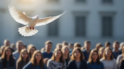 A radiant white dove soars above a diverse crowd of people gathered outdoors, symbolizing peace and hope against a blurred architectural background.