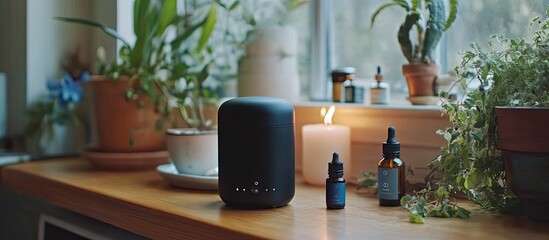 Serene Home Ambiance: Black Diffuser, Essential Oils, Candle, and Lush Greenery by Window