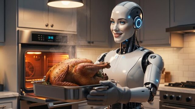 A futuristic female humanoid robot in a modern kitchen holds a freshly roasted golden turkey on a tray, just removed from the glowing oven, as an AI domestic assistant