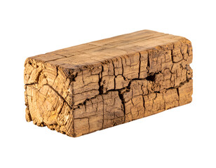 Weathered cracked wood block with deep splits and rough grain texture rustic timber piece on isolated background