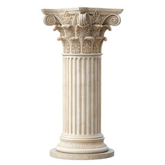Obraz premium Intricately detailed and classically styled Corinthian column constructed from creamy beige marble, standing upright with fluted shaft and ornate capital, isolated on transparent background.