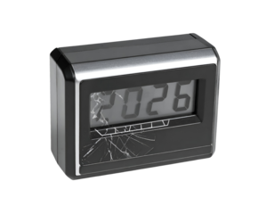 Broken digital alarm clock with cracked LCD screen and shattered glass damage concept close up on isolated background