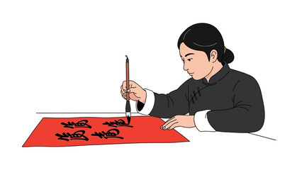 Woman creating a traditional calligraphy artwork on red paper with a brush