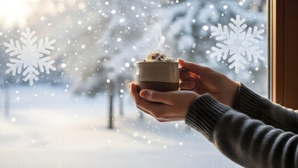 Hands holding a warm mug with hot chocolate and marshmallows by a window with falling snow and snowflake decorations on a cold winter day.
