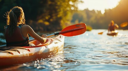 Woman kayaking on river during sunset