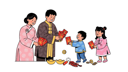 Family Celebrating Lunar New Year with Traditional Red Envelopes and Gifts