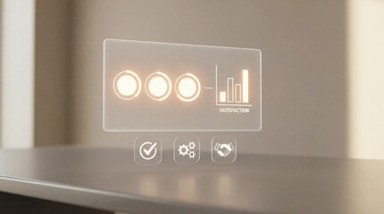Futuristic Holographic Display With Satisfaction Graphs And Icon Buttons On Desk In Office Environment Concept. a satisfaction bar, and sleek icon buttons above a clean desk, suggesting futuristic.