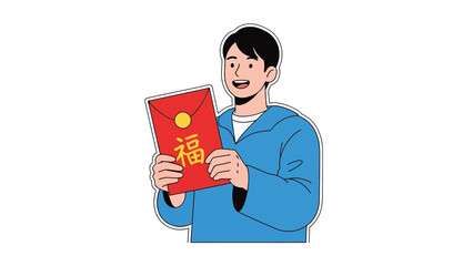 Man holding a red envelope with a smile