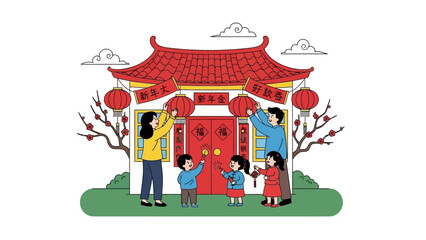 Family Celebrating Cultural Festival in Front of Ornate Temple