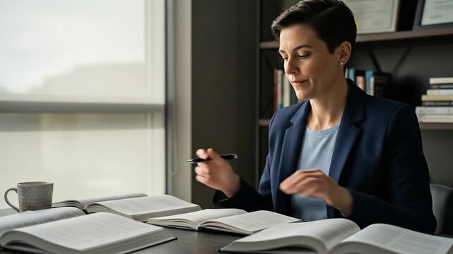 Woman in a Suit Working at a Desk with Books and a Tablet.